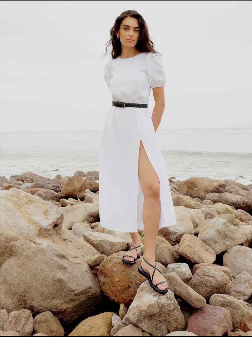 Reformation White Linen Midi Dress with Side Slit